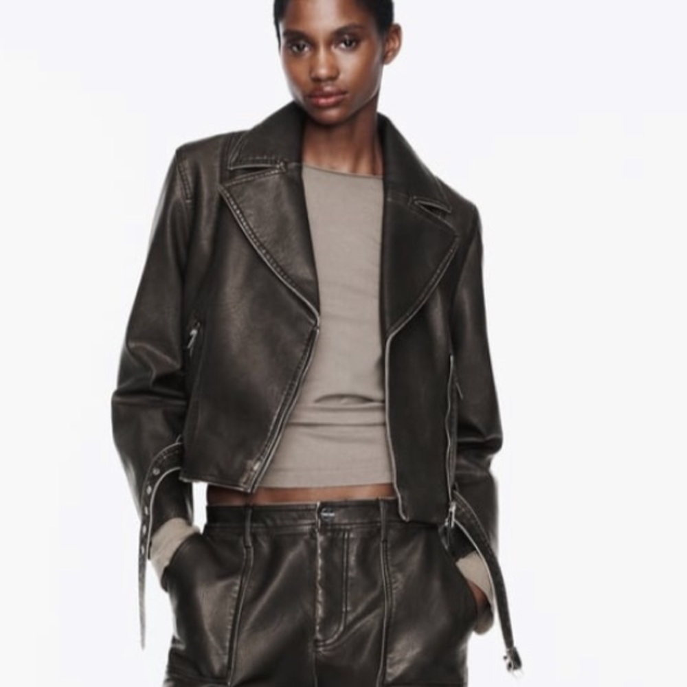 ZARA FAUX DISTRESSED LEATHER JACKET Charcoal - Picture 11 of 12